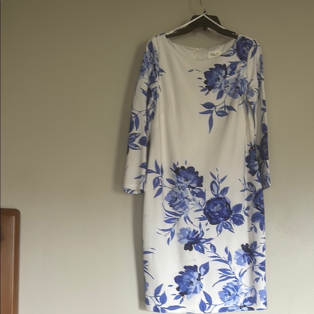 Eliza J Blue and White Long Sleeve Sheath Dress